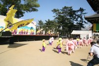 踊乱花の旗がうなっています。旗手さん頑張って。